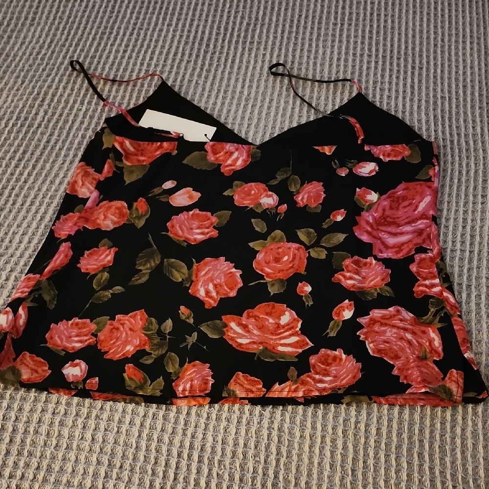 L'AGENCE Black Floral Silk Camisole with Pink/Coral Roses - Picture 4 of 4
